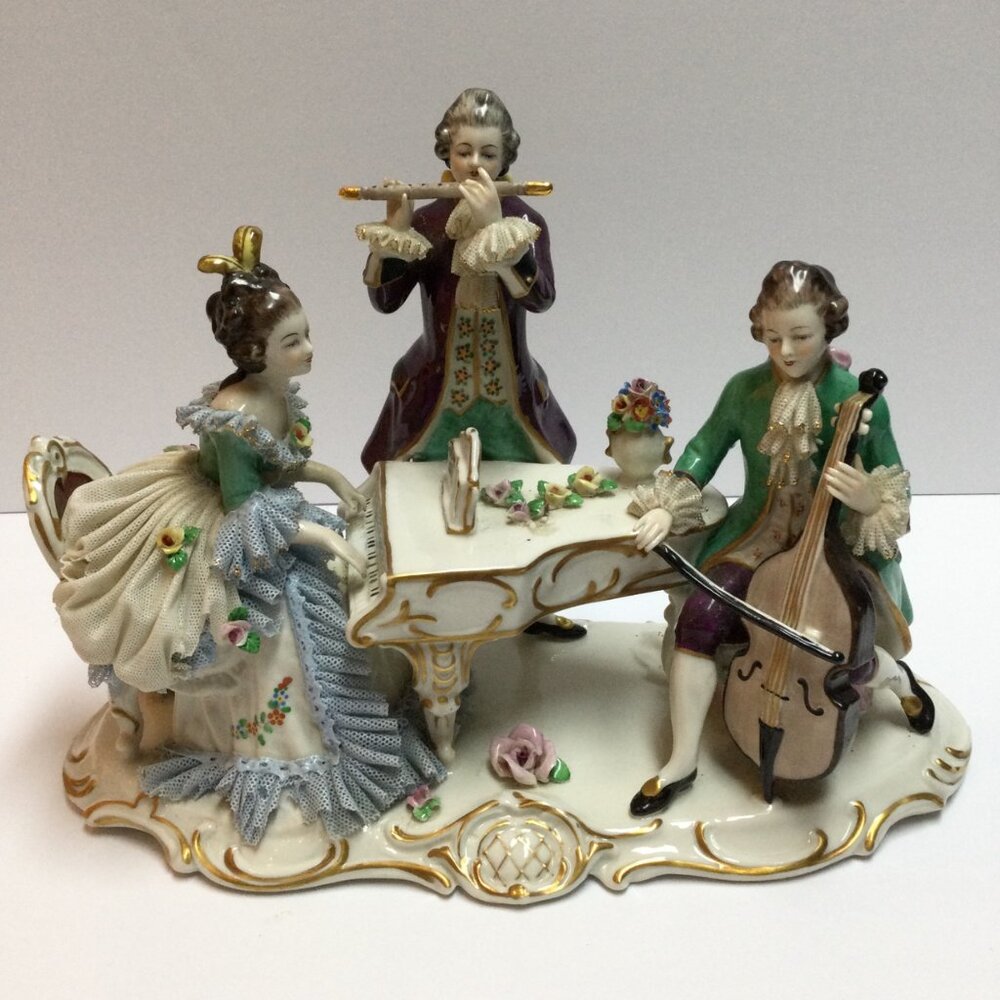 Vintage Dresden Porcelain Figurine Set Of 3 Musicians At Table With Instrument